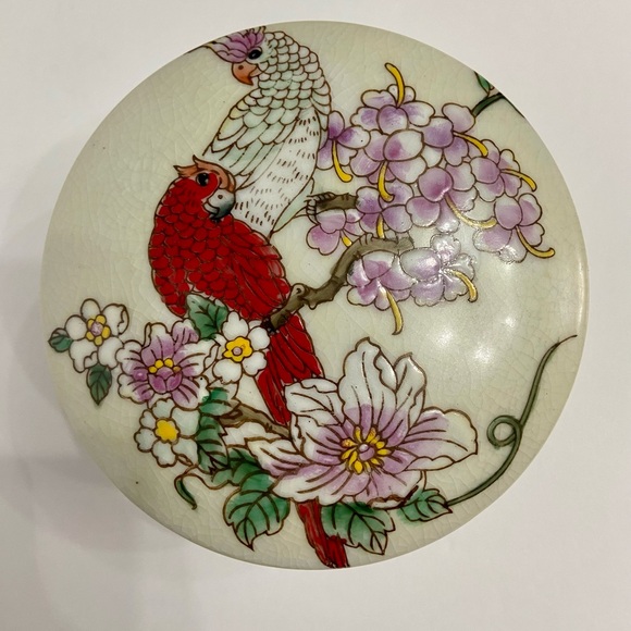 VTG Powder Trinket Jar Box With 2 Birds & Beautifully Colored Crackle Glaze - Picture 4 of 13